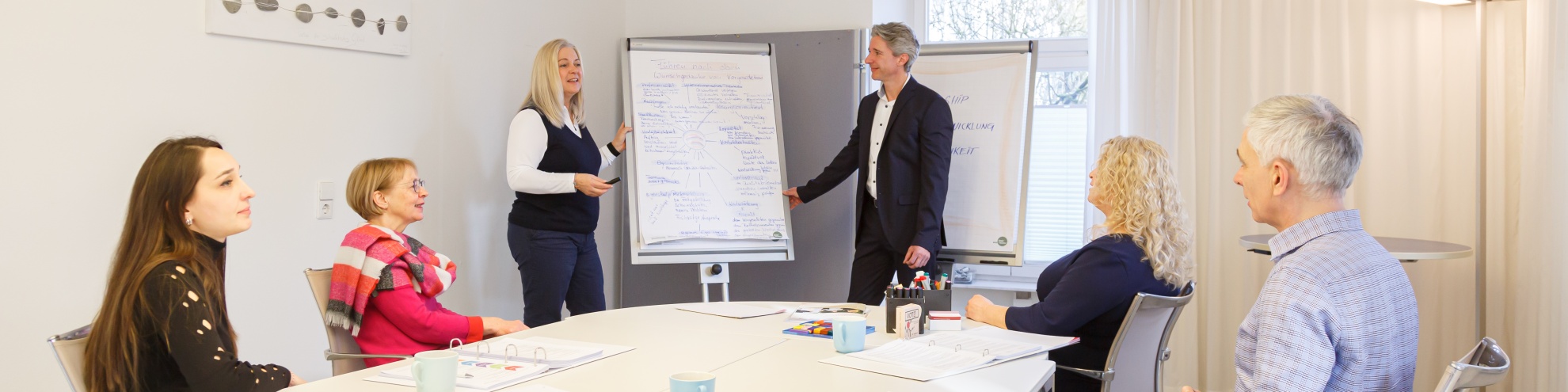 Teilnehmer einer Teamentwicklung vor einem Flipchart